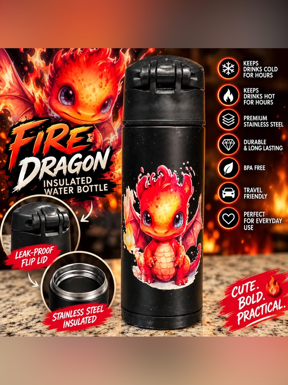Insulated Water Bottle - Black with Red/Orange Dragon